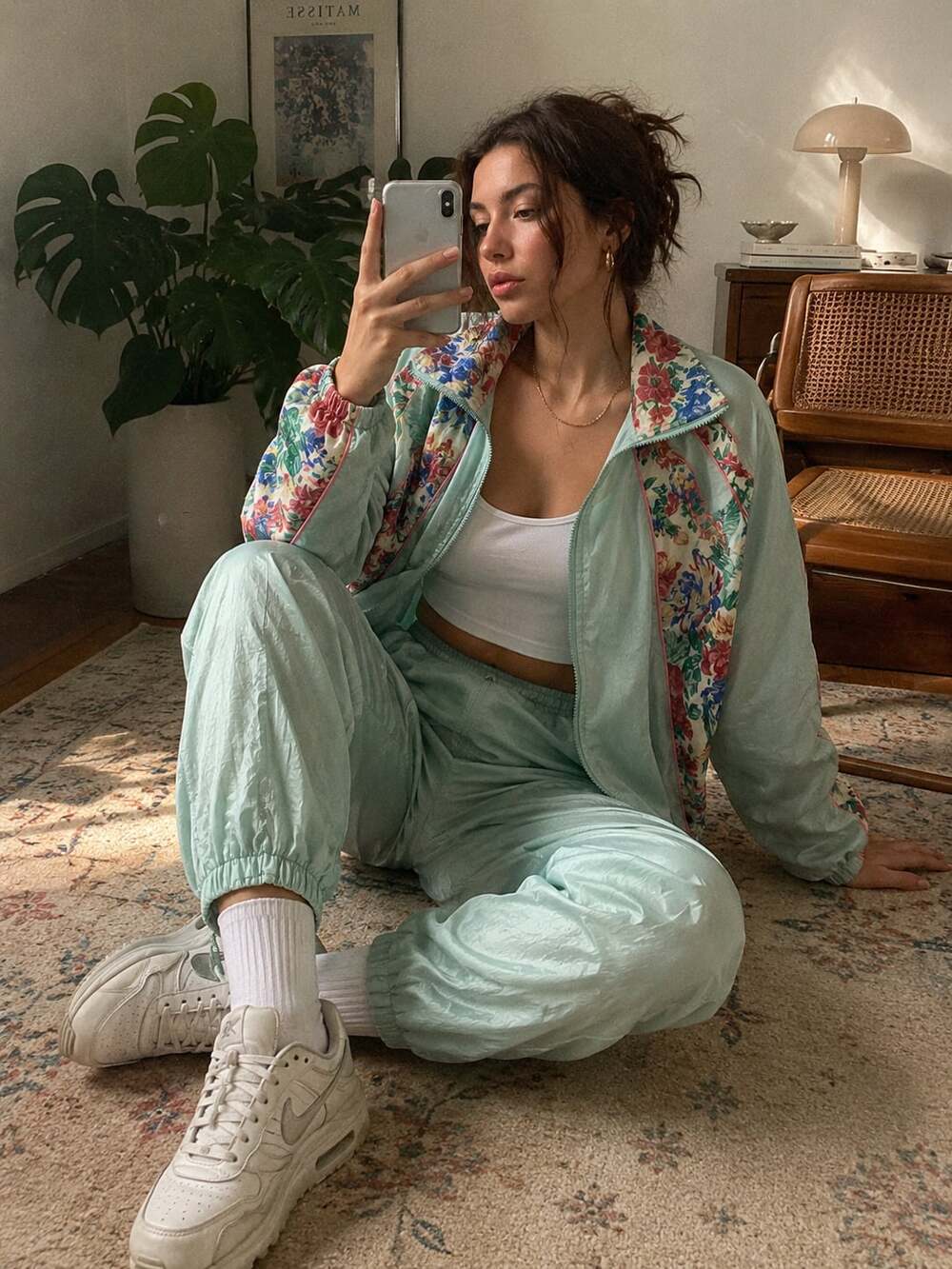 Vintage 80s 90s Floral Windbreaker Tracksuit Set Mint Green Y2K Athleisure Size